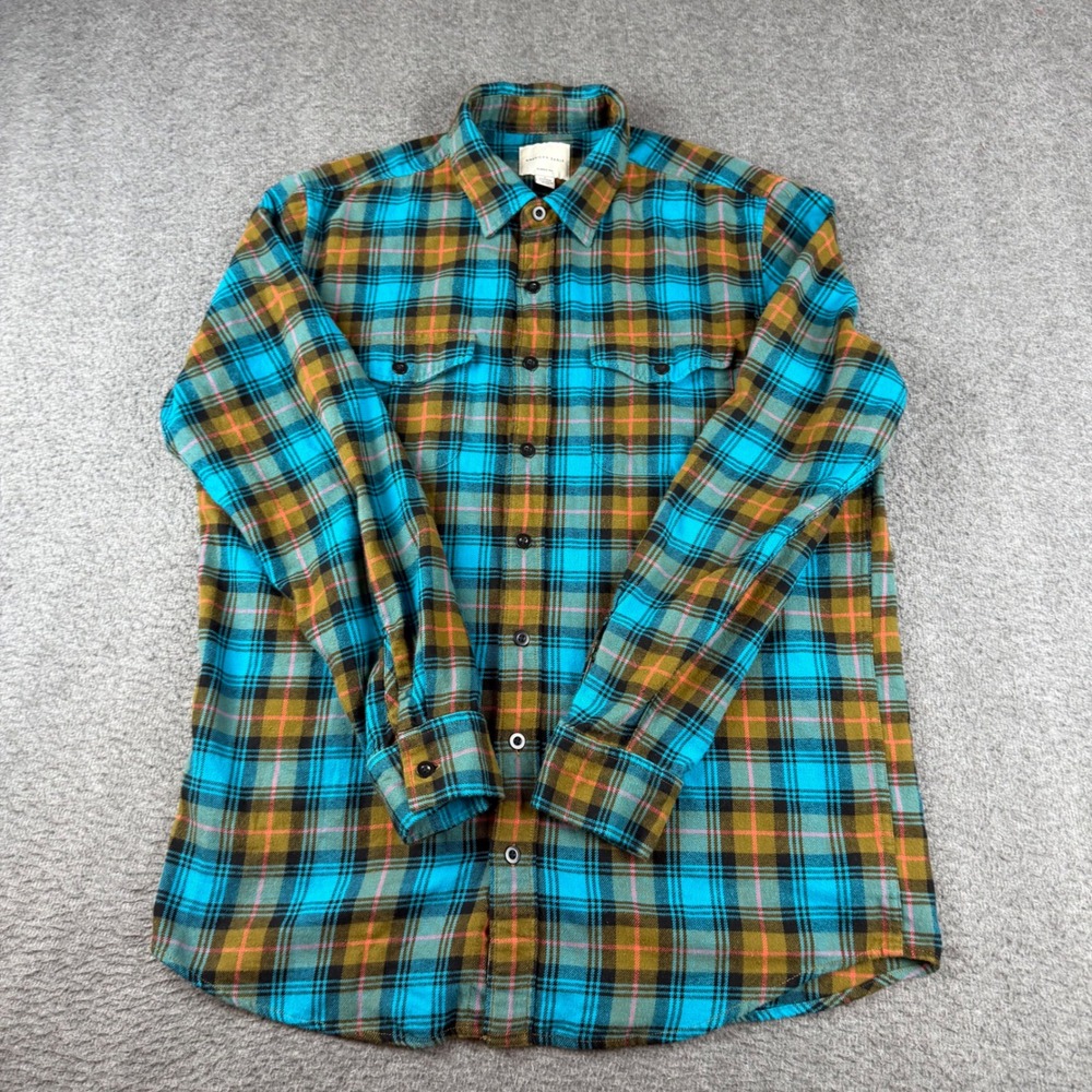 American Eagle Flannel Shirt Men's LT Blue Plaid Classic Fit Long Sleeve Cotton
